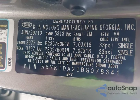2011 Kia Sorento Lx V6 from USA, damaged, VIN 5XYKTDA21BG078341